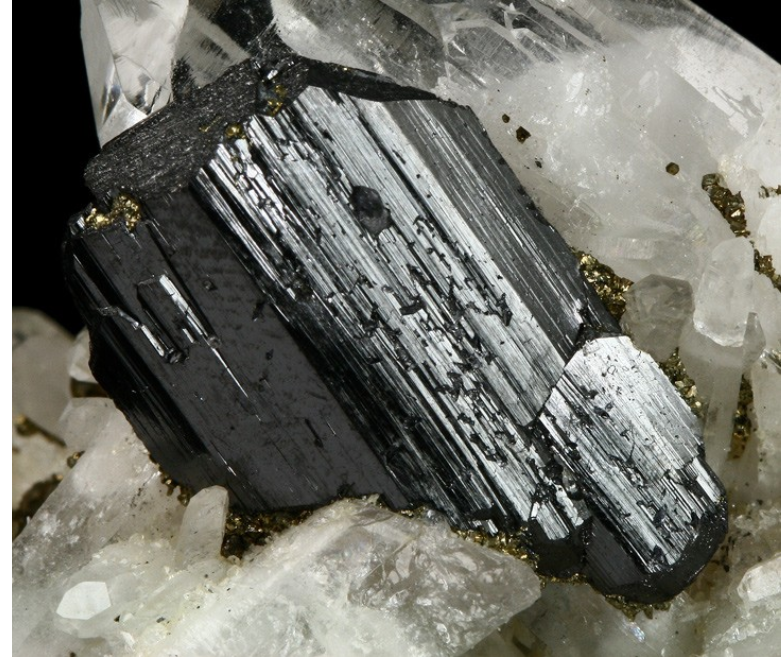 Cristal de Wolframita em uma matriz de quartzo. Dimensão: 2.7 cm. Dan & Diana Weinrich Minerals. Yaogangxin Mine, China. Mindat.org.
